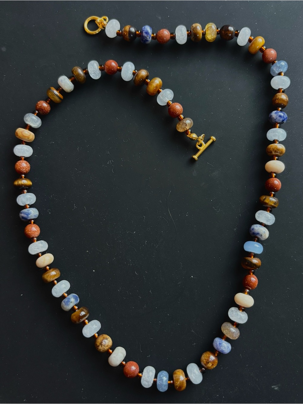 Gold-Tone Multicolor Beaded Women's Necklace - Blue, Brown, White